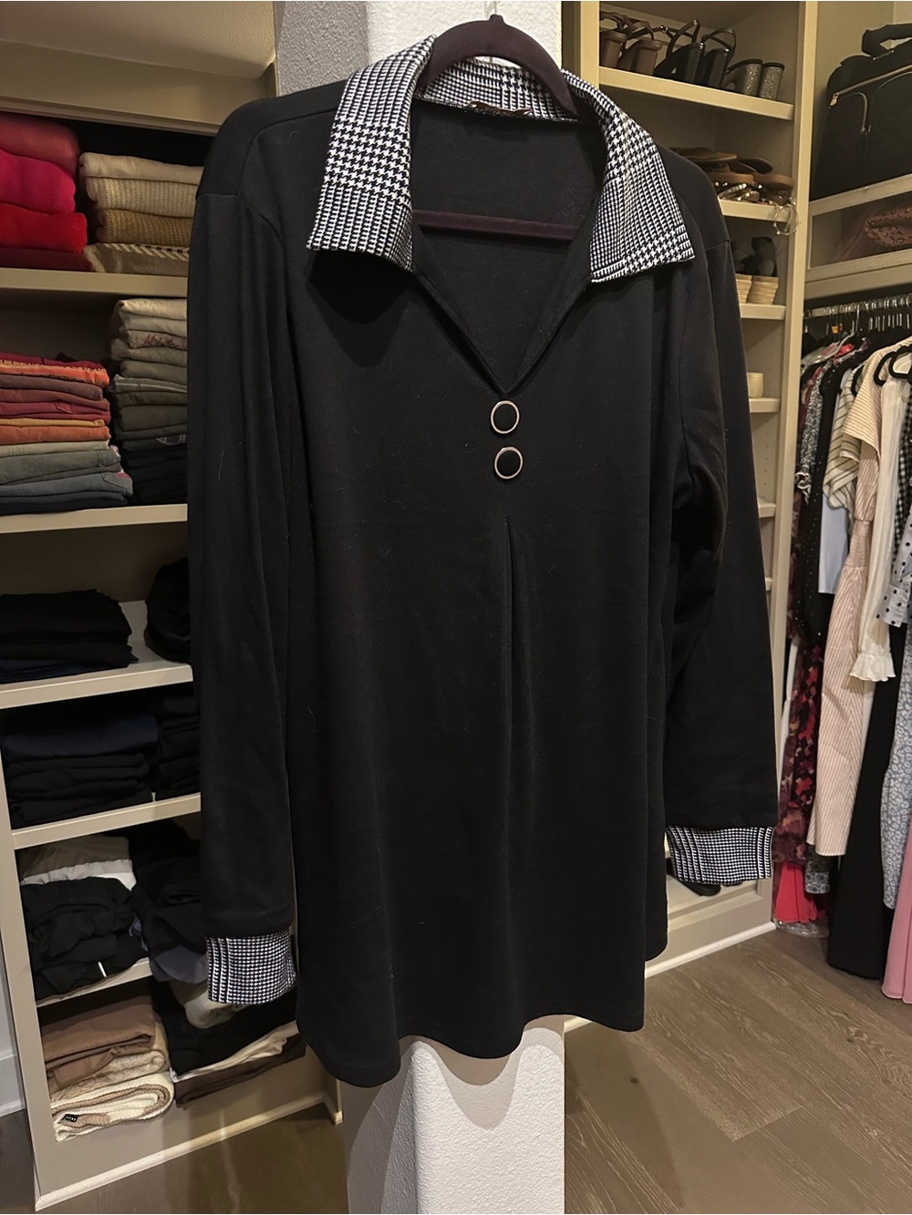 Vintage Black Long Sleeve Blouse/Tunic with Houndstooth Trim